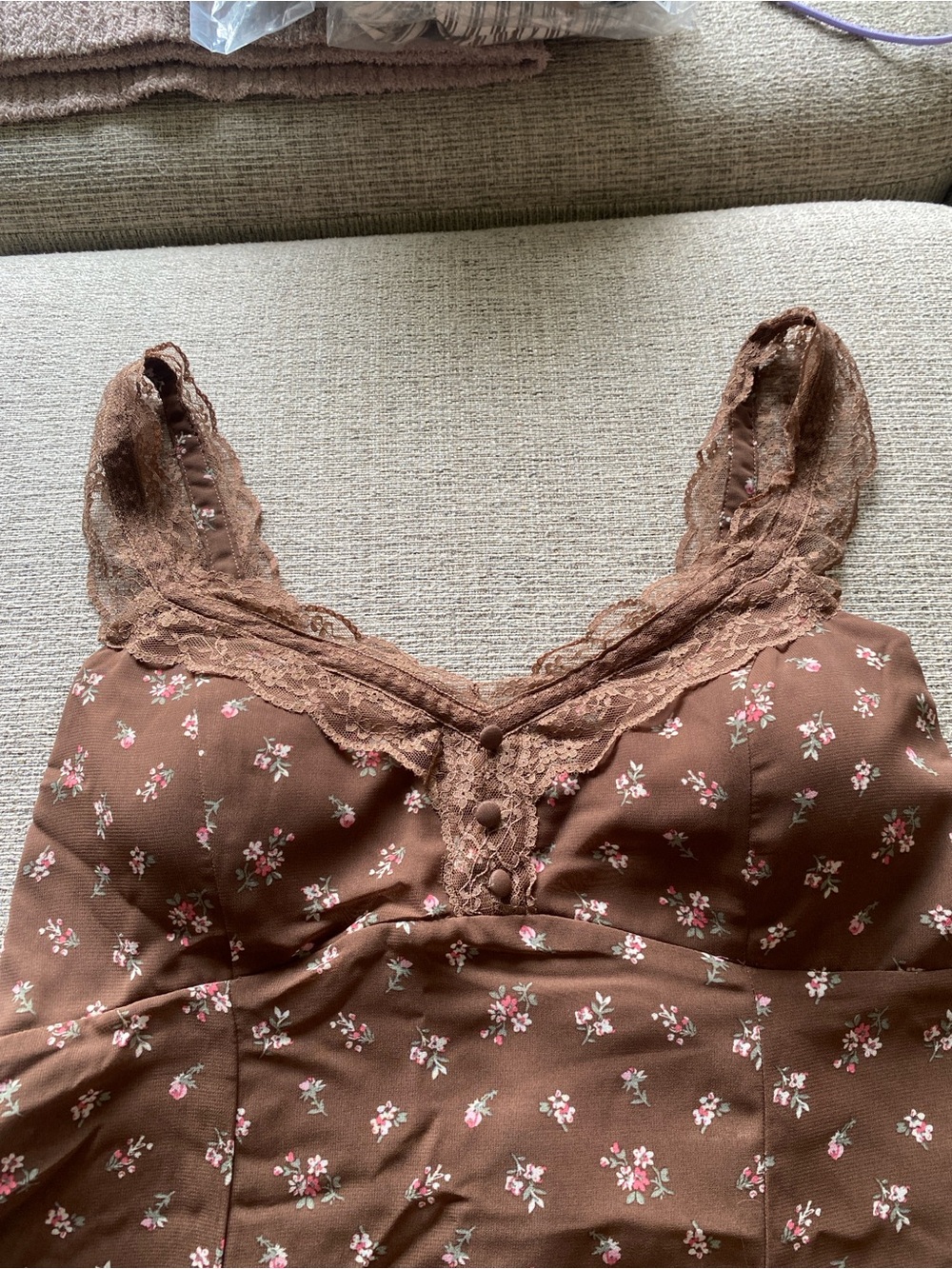 Abercrombie and Fitch Bra-Free Lace-Trim Button-Through Mini Dress —Brown Floral - Picture 3 of 9